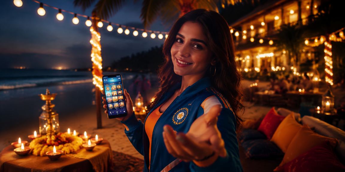Young Indian woman playing rummy on mobile during festive time
