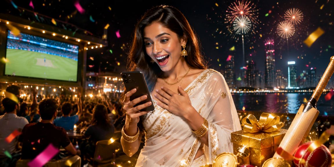 Indian lottery player checking results on mobile in traditional saree