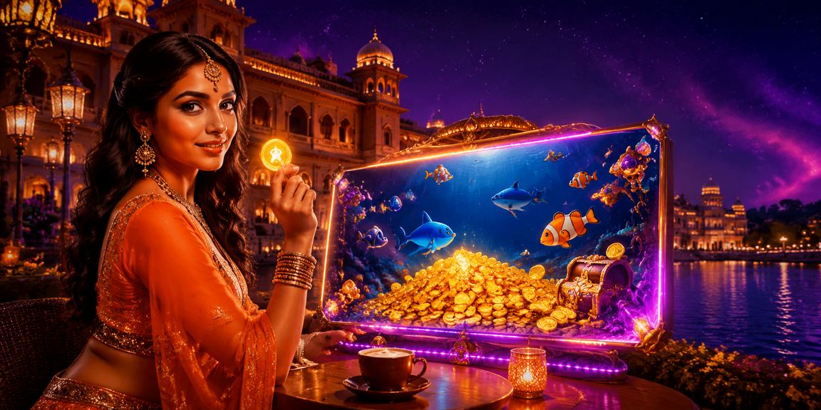 Mobile casino gaming neon fishing game on device